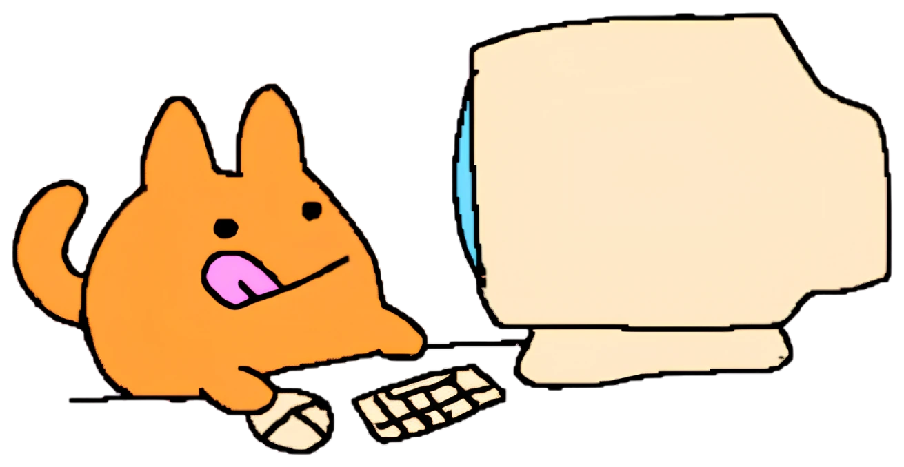 Glob sitting at an old computer, tongue out, focused
