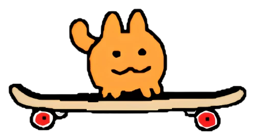Glob riding a skateboard, arms up, having fun